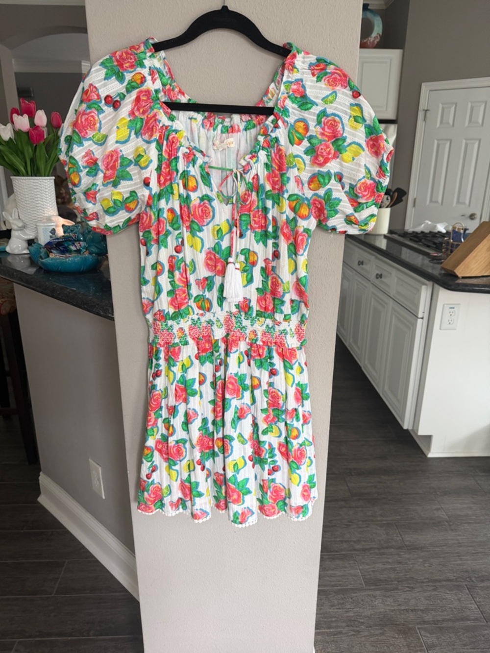 Roller RabbitFloral Puff-Sleeve Smocked Waist Mini Dress - White with Pink Roses